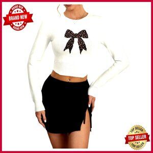 Leopard Print Knit Pullover Sweater Crop Top Long Sleeve Bow Detail Y2K